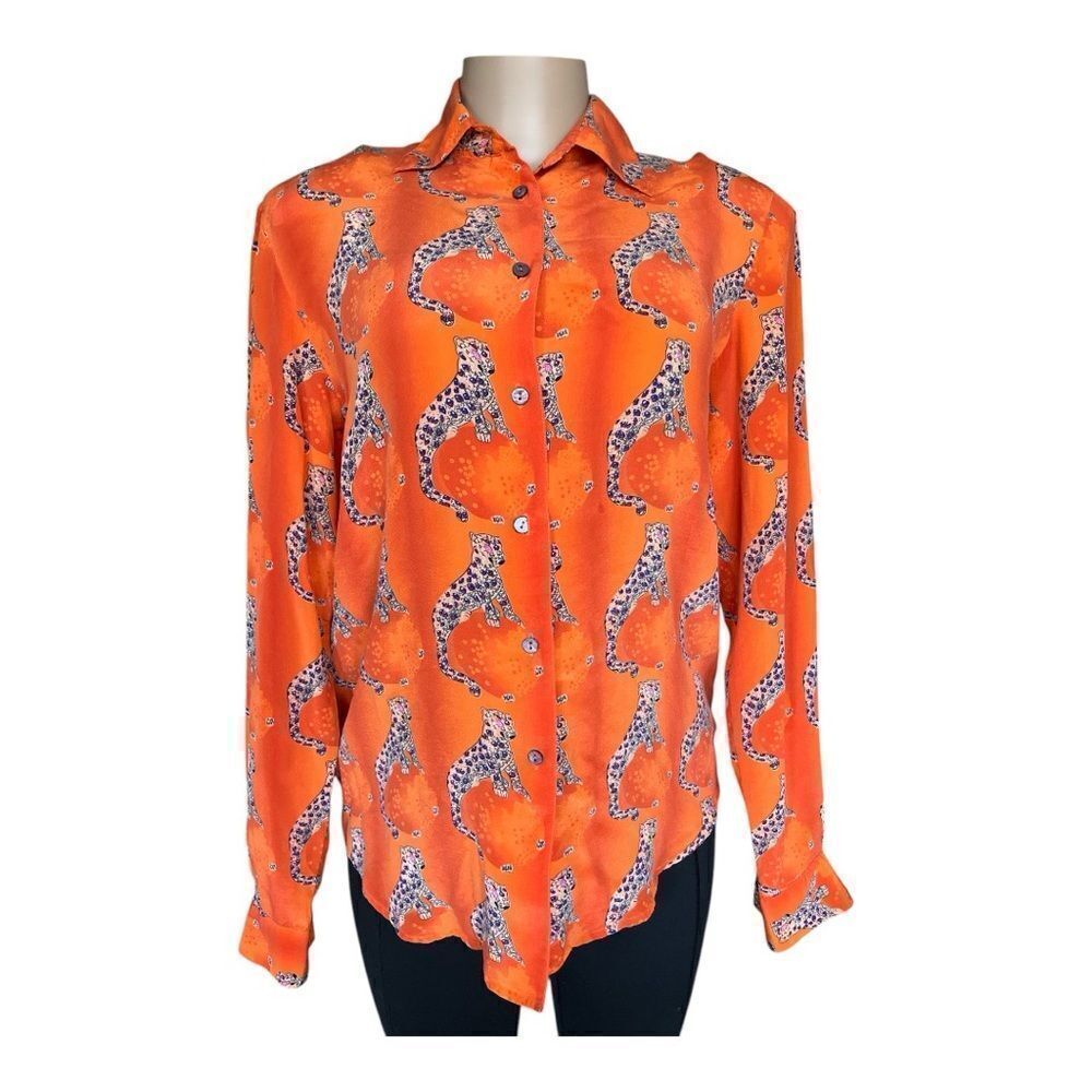 Vintage Piano Silk Orange Cheetah Print Button-Up Shirt